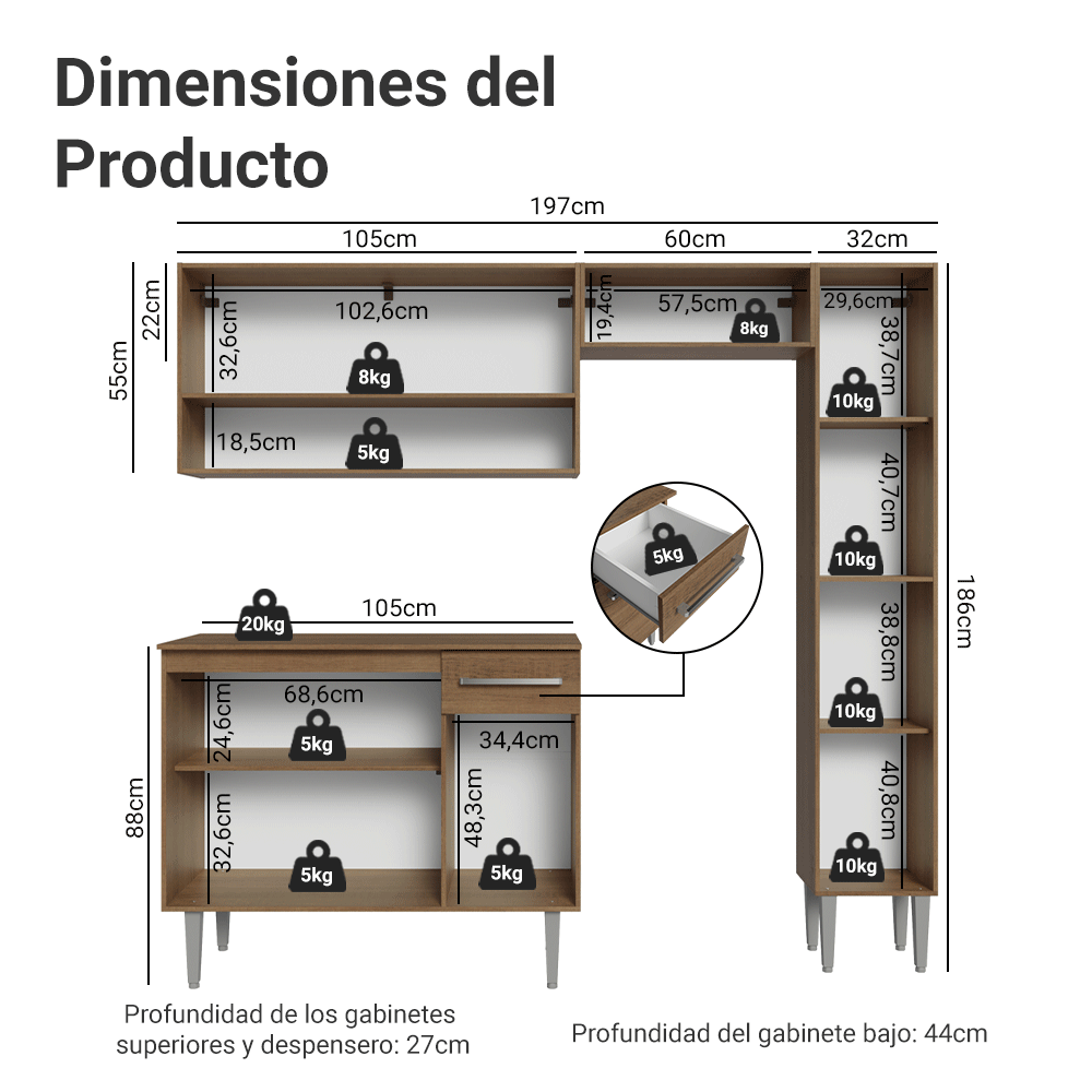 Cocina Compacta 197 cm Emilly Marrón 01