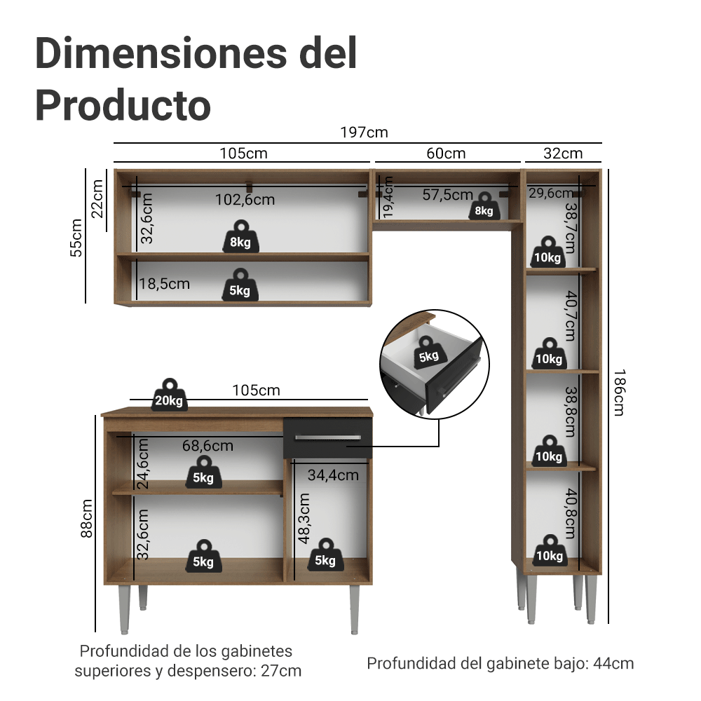 Cocina Compacta 197 cm Emilly Marrón/Negro 01