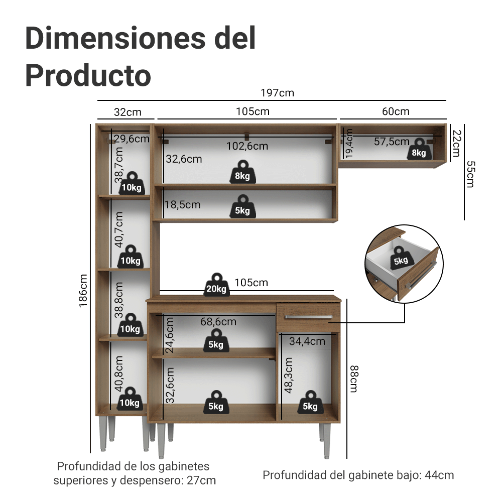 Cocina Compacta 197 cm Emilly Marrón/Gris 02