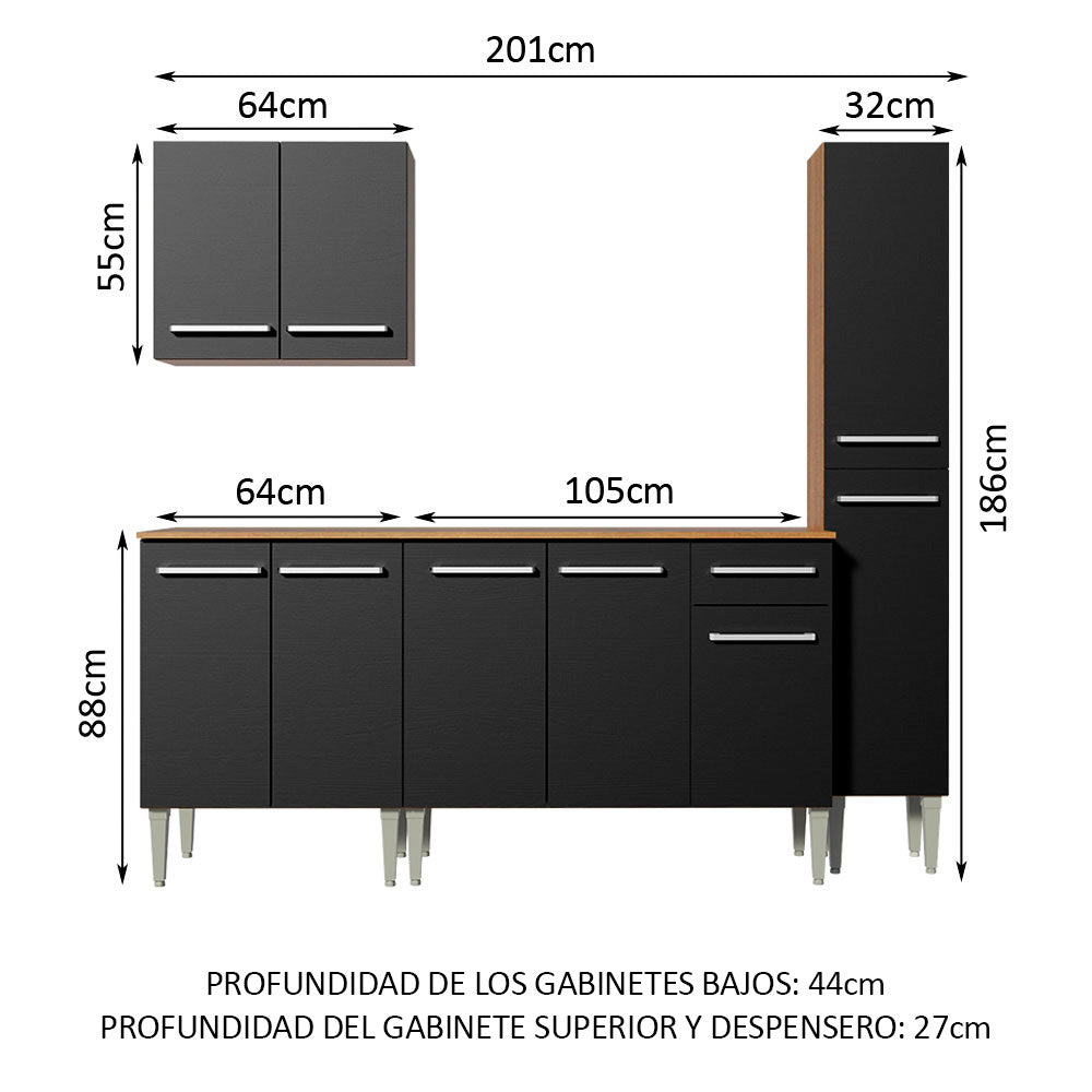 Combo de Cocina 201cm Marrón/Negro Emilly Sing Madesa 01