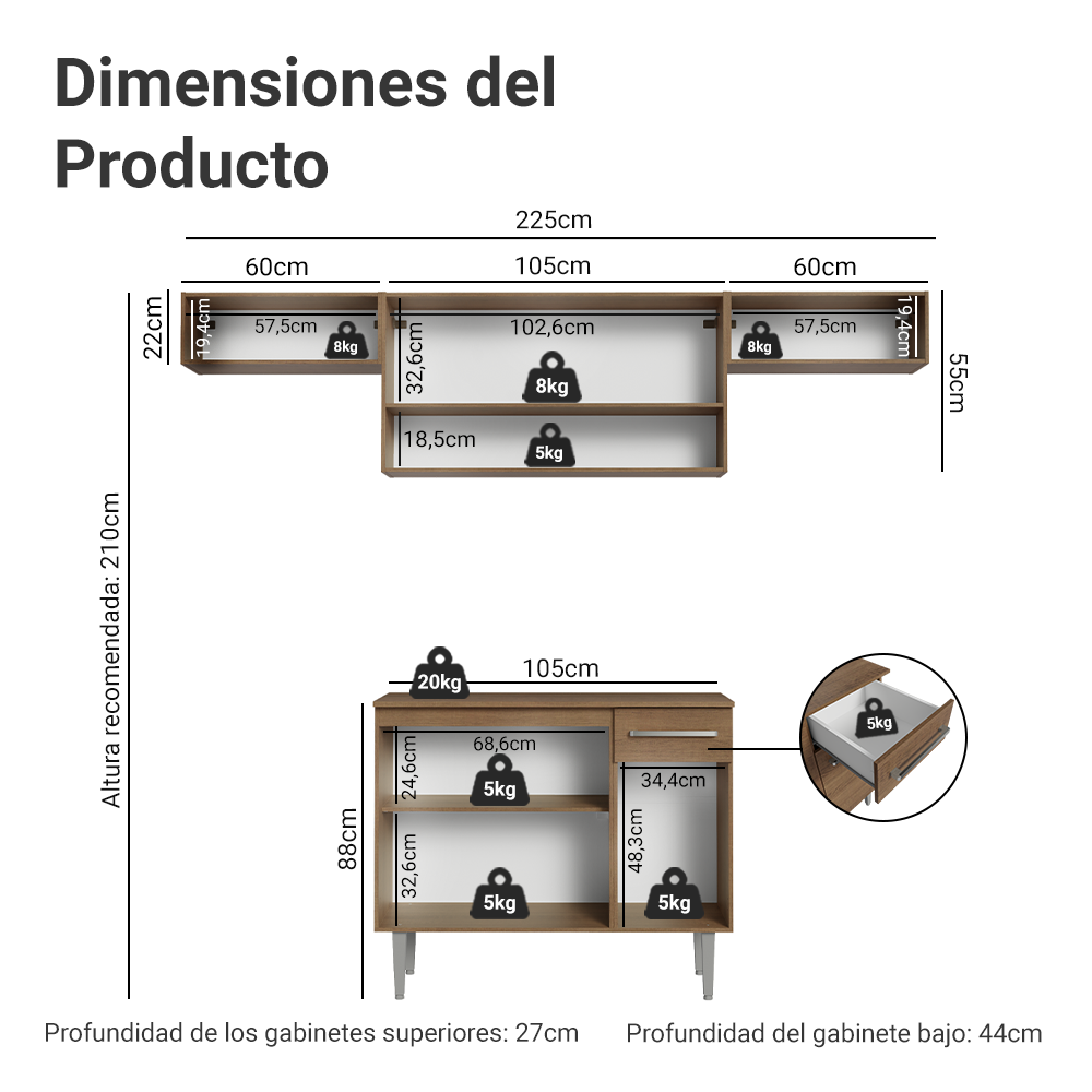 Combo completo de Cocina 225cm Marrón Emilly 01