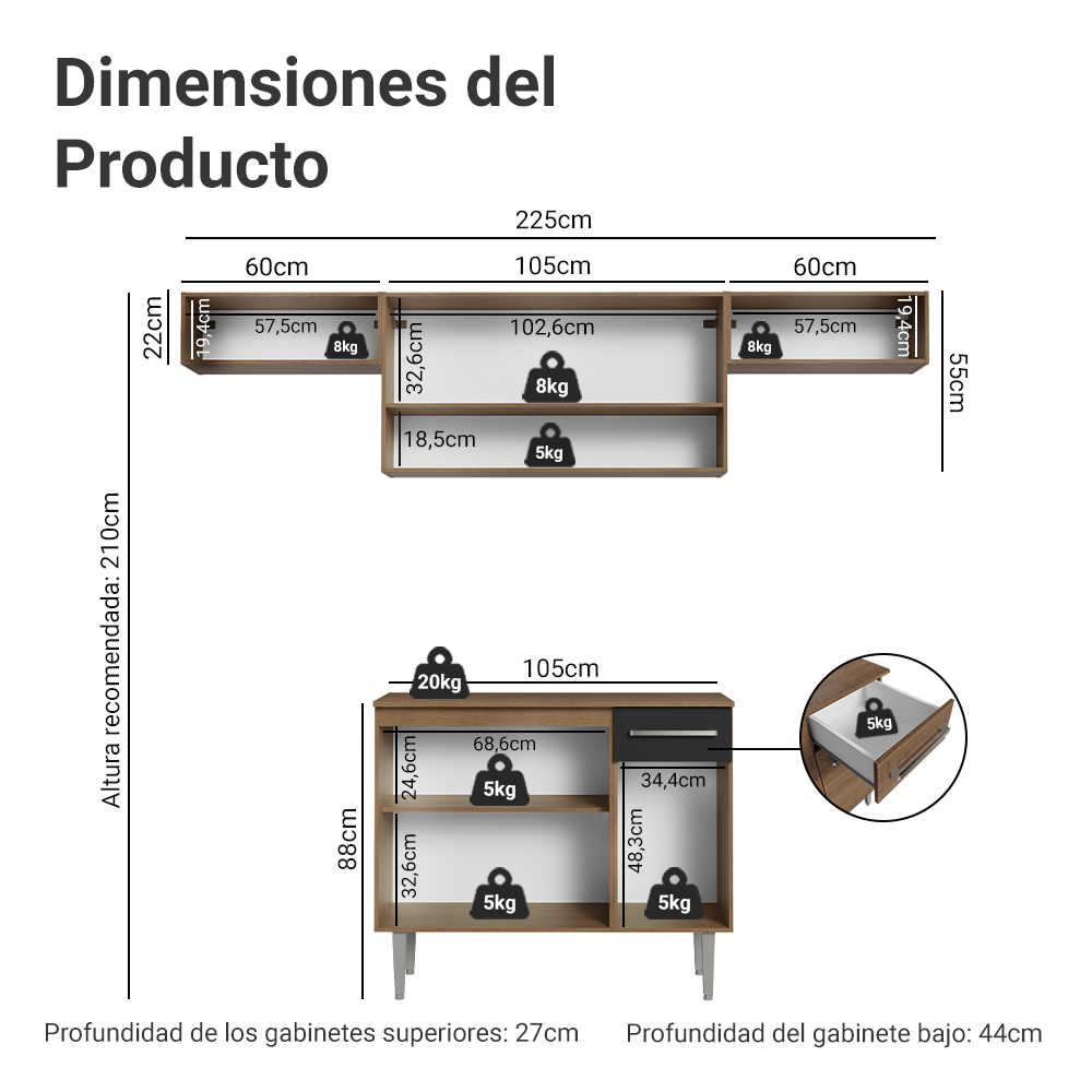 Combo completo de Cocina 225cm Marrón/Negro Emilly 01