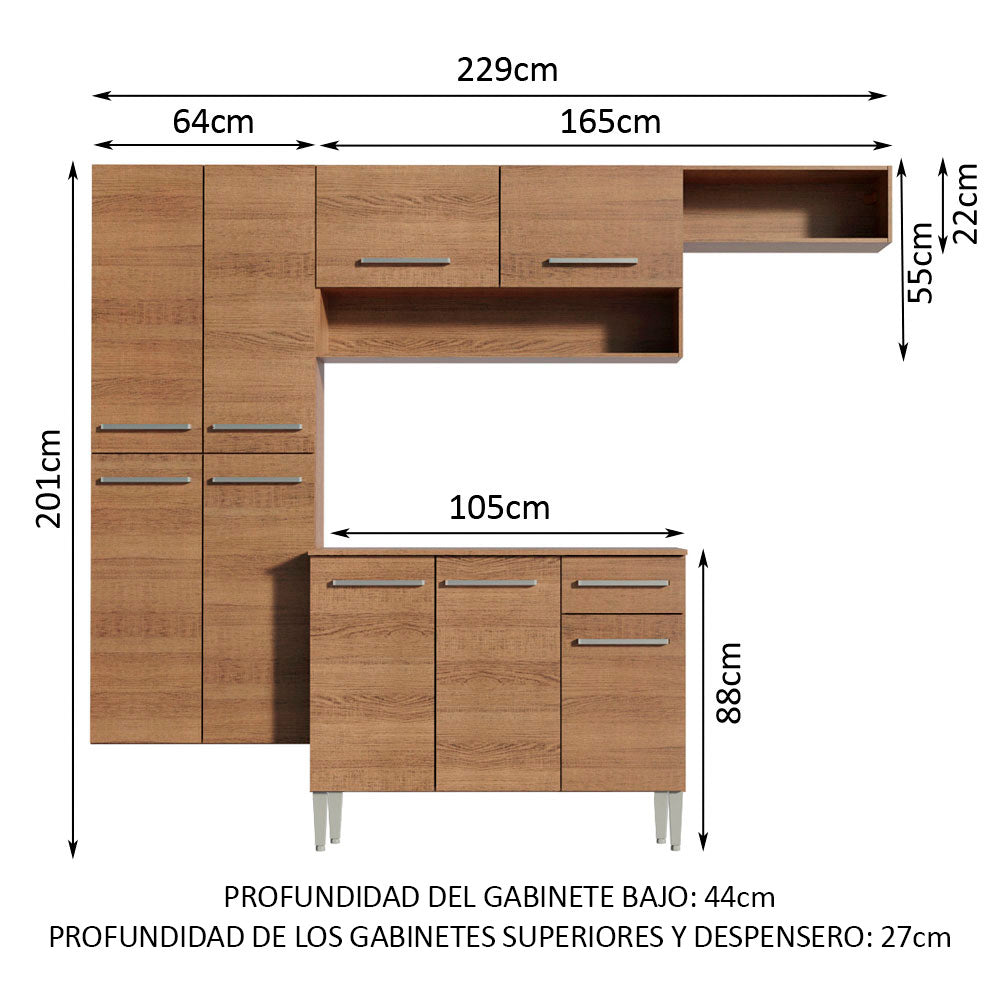 Combo completo de Cocina 229 cm 9 Puertas 1 Cajón Marrón Emilly Madesa