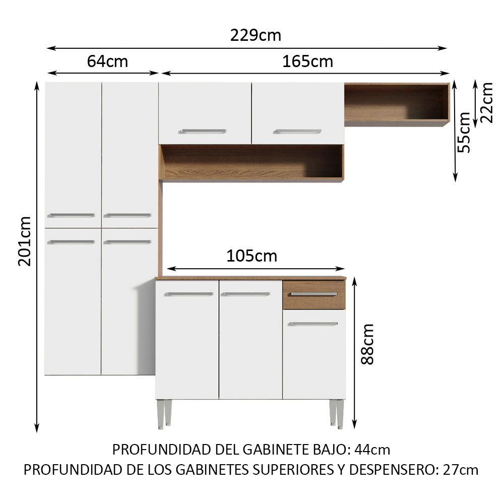 Combo completo de Cocina 229 cm 9 Puertas 1 Cajón Blanco/Marrón Emilly Madesa
