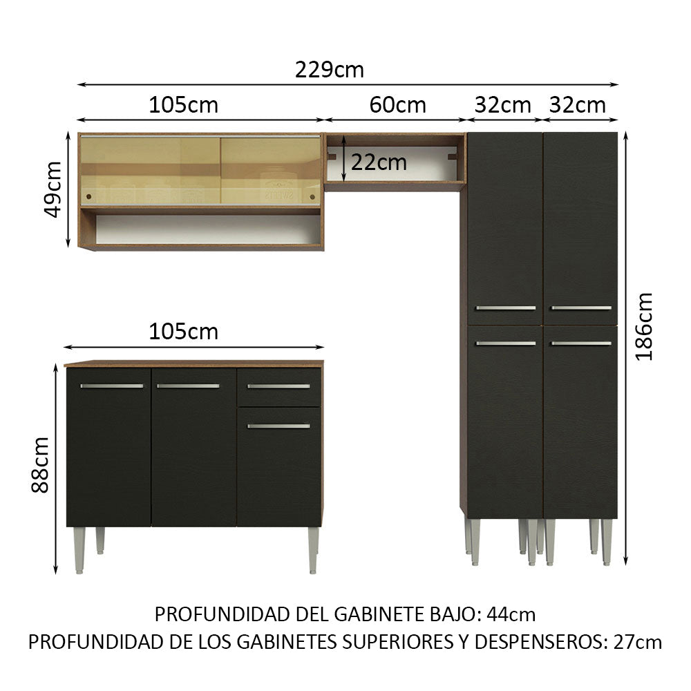 Combo completo de Cocina 229cm Marrón/Negro Emilly Madesa 04