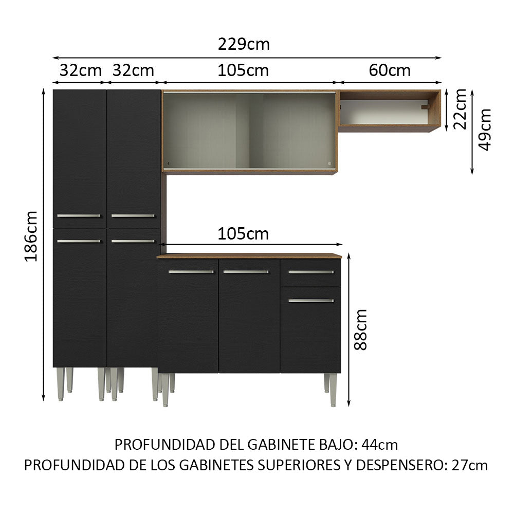 Combo completo de Cocina 229cm Marrón/Negro Emilly Madesa 08