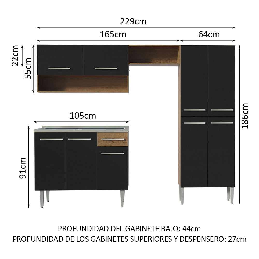 Combo completo de Cocina 229 cm con Bacha de acero, Marrón/Negro, Emilly 10