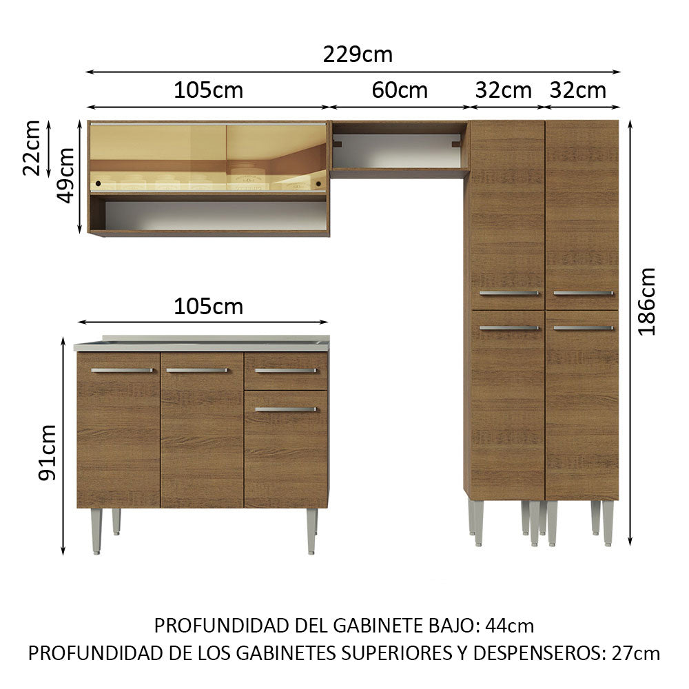 Combo completo de Cocina 229cm Con Bacha de acero inoxidable Emilly Madesa 11 Marrón