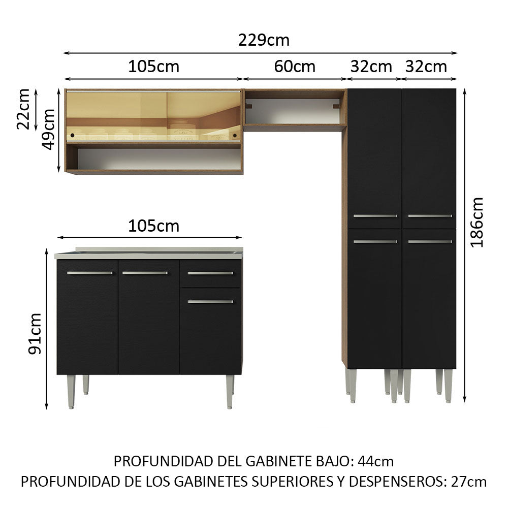Combo completo de Cocina 229cm Con Bacha de acero inoxidable Emilly Madesa 11 Marrón/Negro