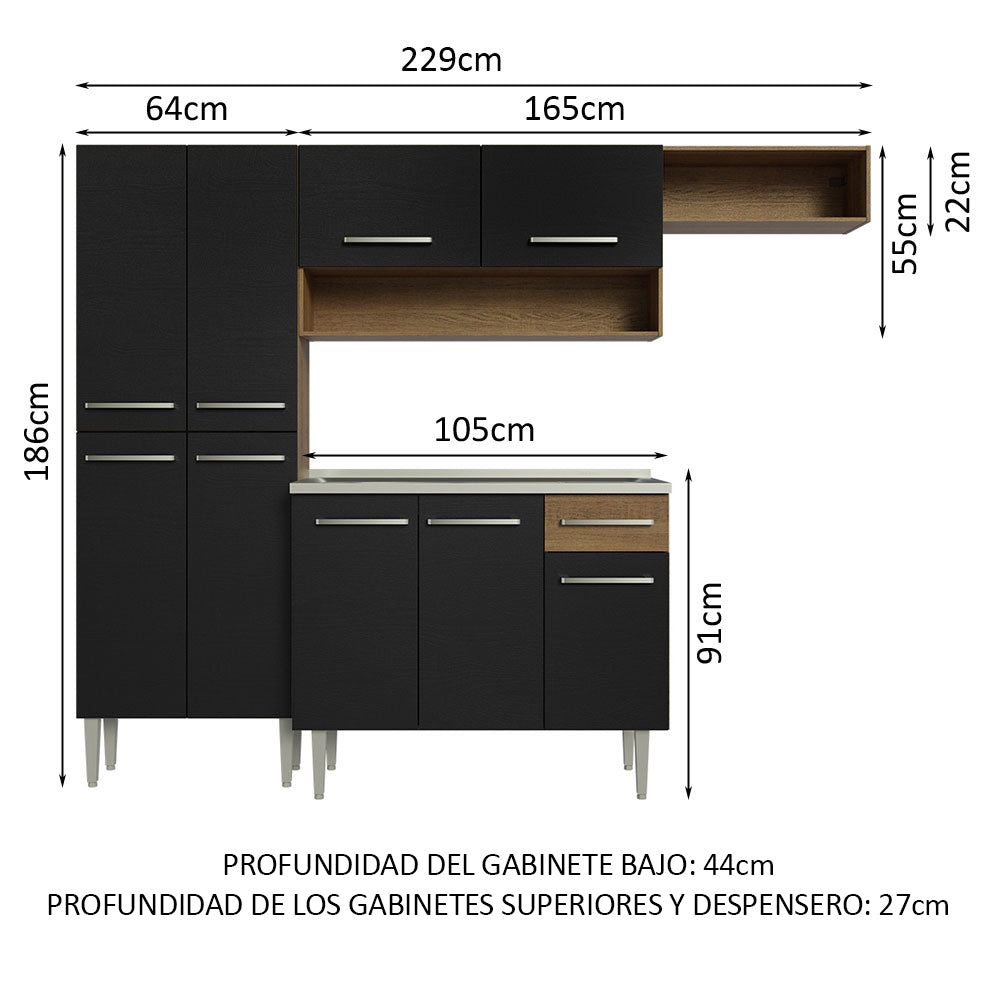 Combo completo de Cocina 229 cm 9 Puertas 1 Cajón con Bacha de Acero Inoxidable Marrón/Negro Emilly Madesa