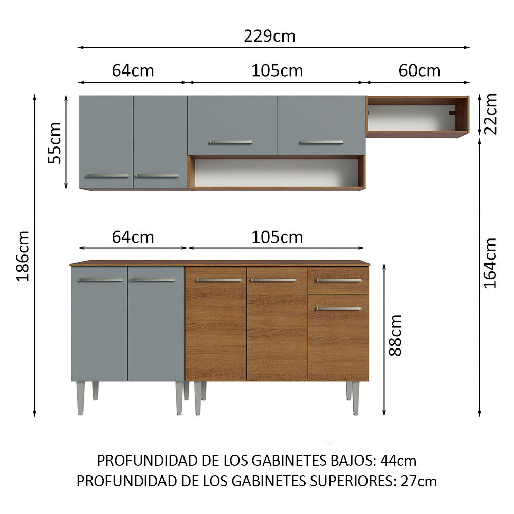 Combo completo de Cocina 229 cm 9 Puertas 1 Cajón Marrón/Gris Emilly Madesa