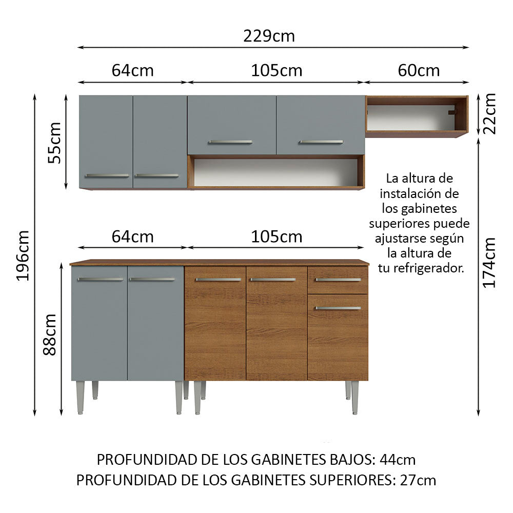 Combo completo de Cocina 229 cm 9 Puertas 1 Cajón Marrón/Gris Emilly Madesa