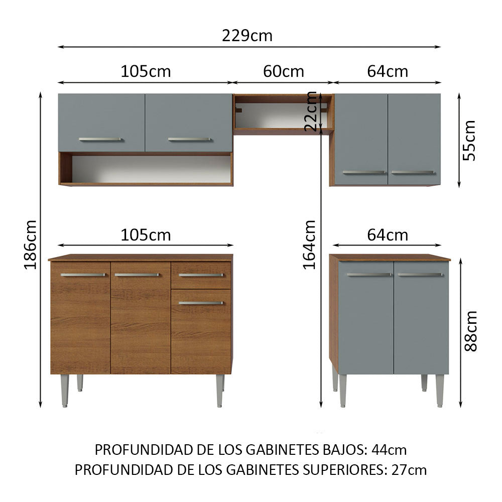 Combo completo de Cocina 229 cm 9 Puertas 1 Cajón Marrón/Gris Emilly Madesa