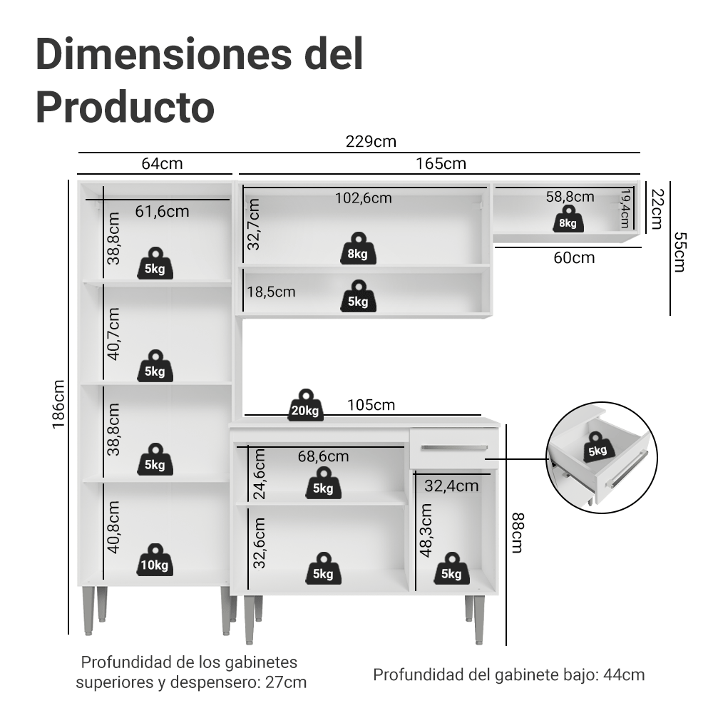 Cocina Compacta 229 cm 9 Puertas 1 Cajón Blanco Emilly Madesa
