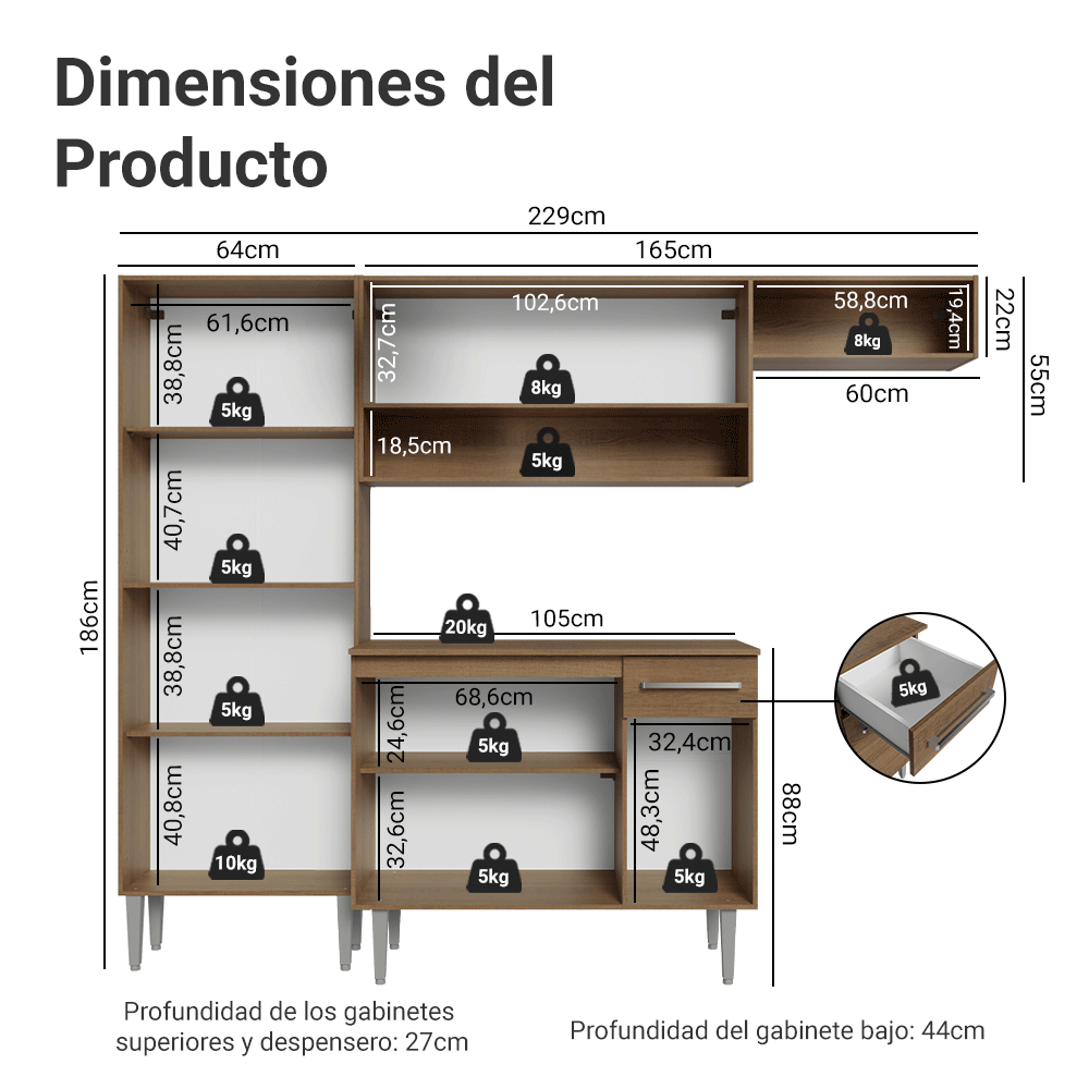 Cocina Compacta 229 cm Emilly Marrón/Blanco 016