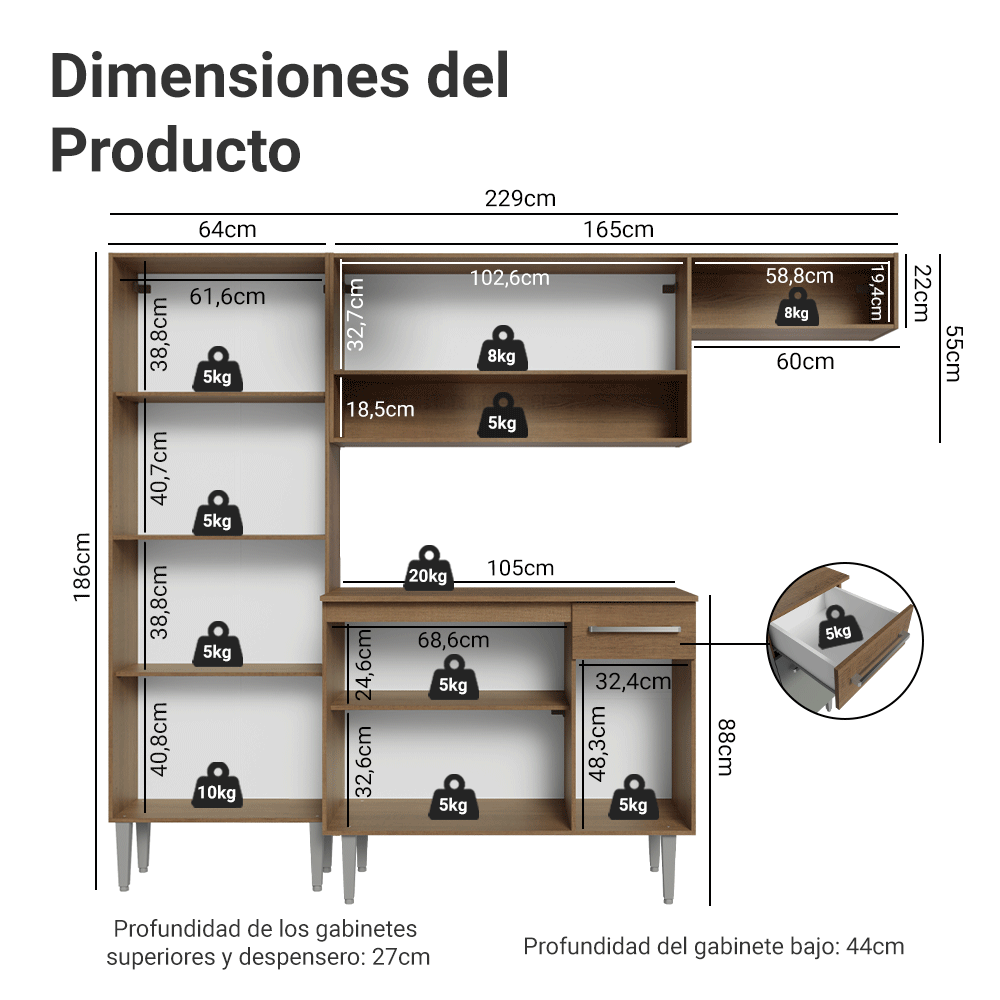 Cocina Compacta 229 cm Emilly Marrón/Gris 016