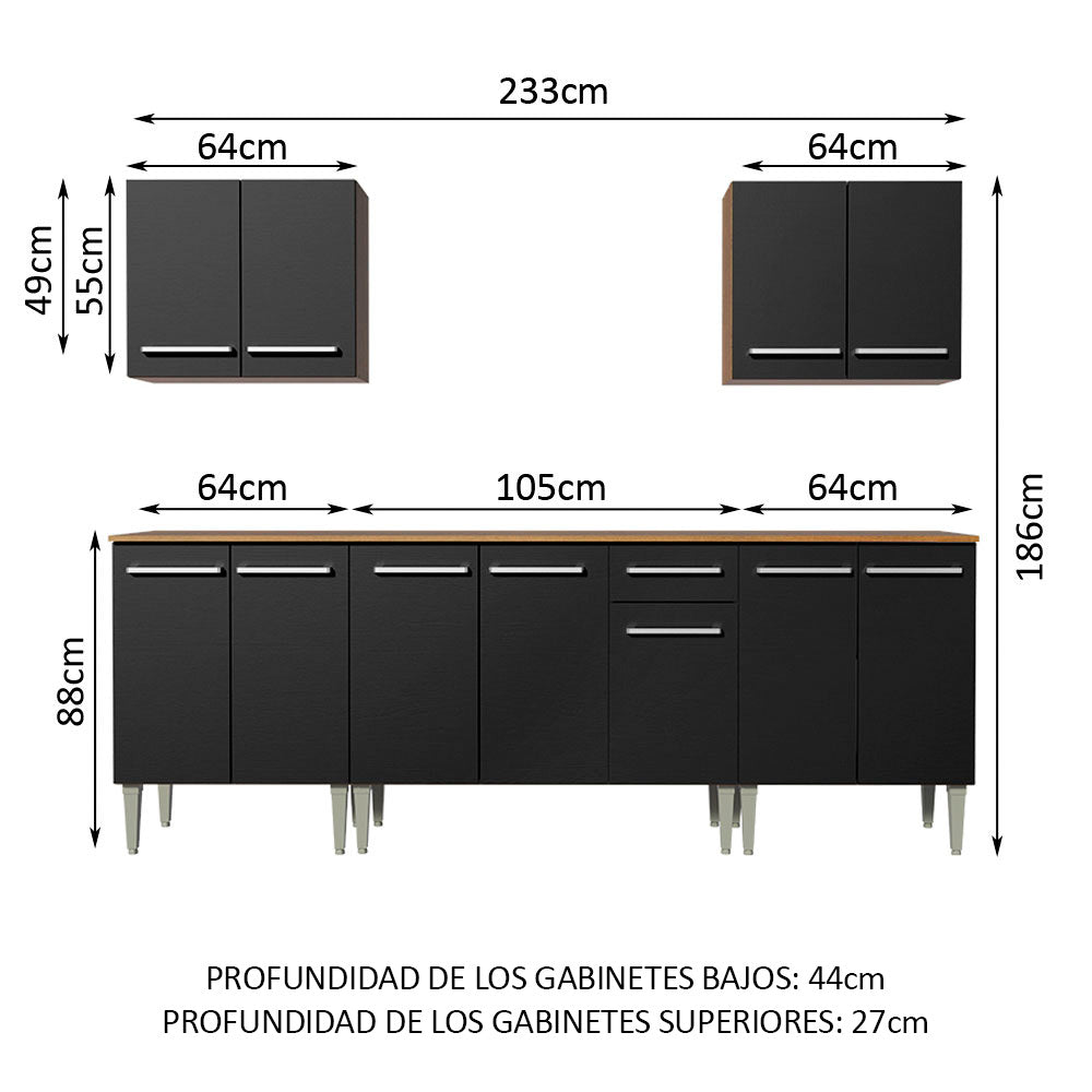 Combo completo de Cocina 233 cm 11 Puertas 1 Cajón Marrón/Negro Emilly Madesa