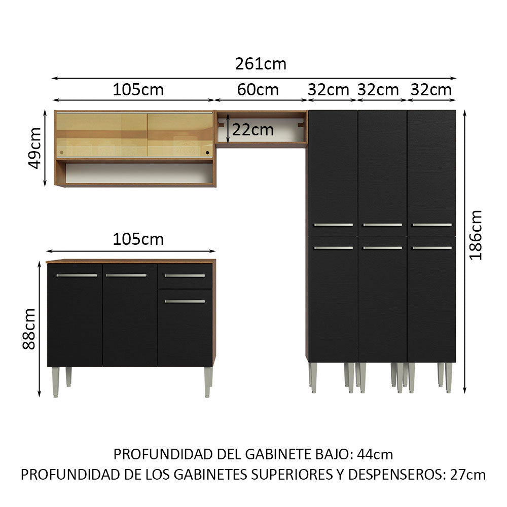 Combo completo de Cocina 261cm Marrón/Negro Emilly Madesa 08