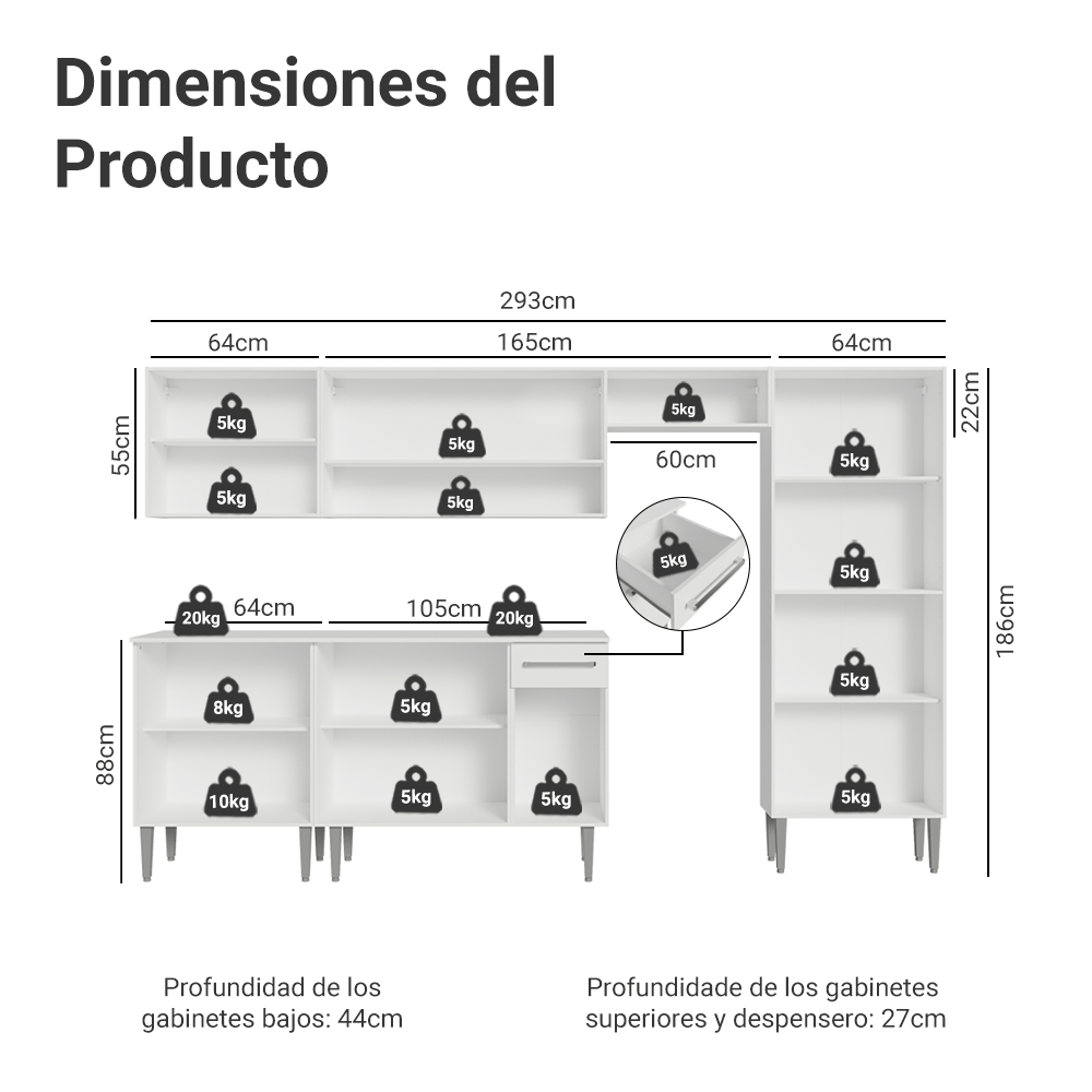 Combo completo de Cocina 293cm Blanco Emilly Madesa 01