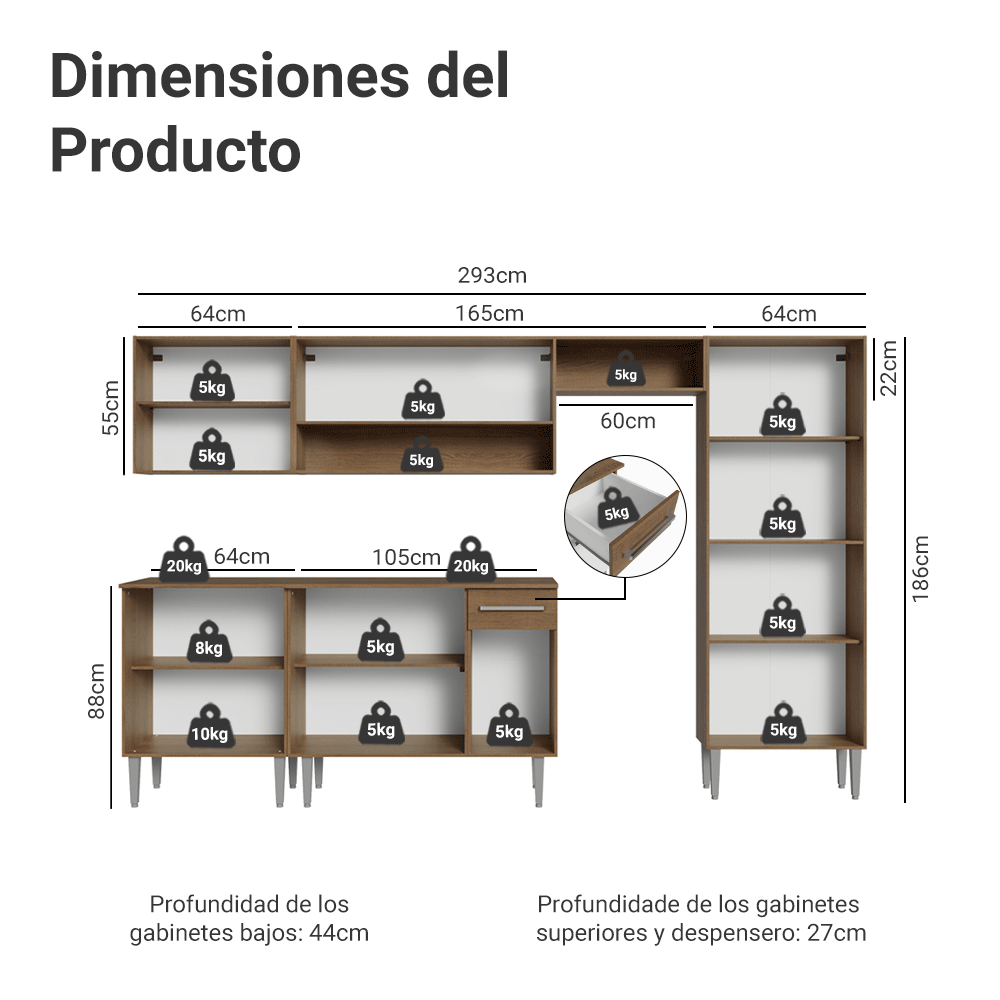 Combo completo de Cocina 293cm Marrón/Blanco Emilly Madesa 01