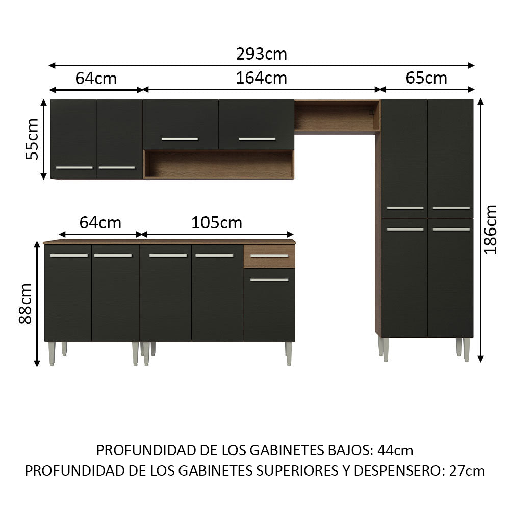 Combo completo de Cocina 293cm Marrón/Negro Emilly 01