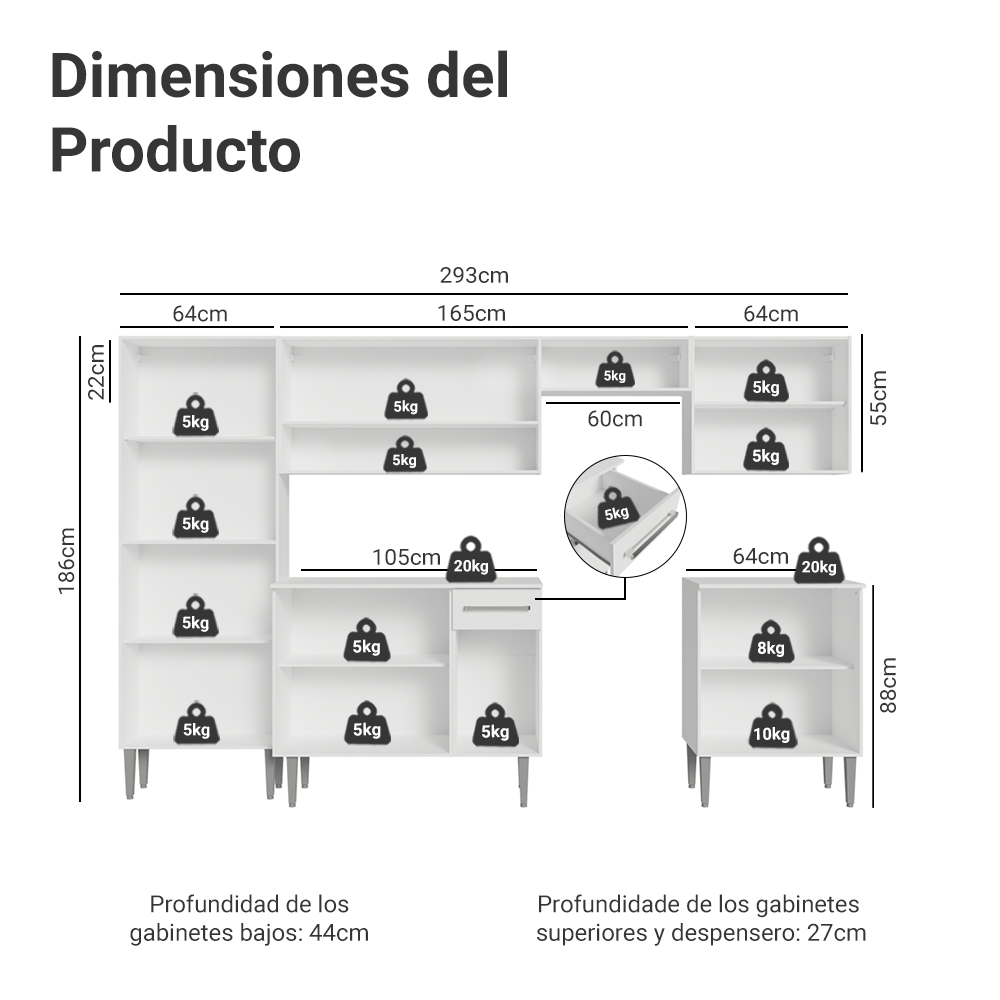Combo completo de Cocina 293cm Blanco Emilly Madesa 02