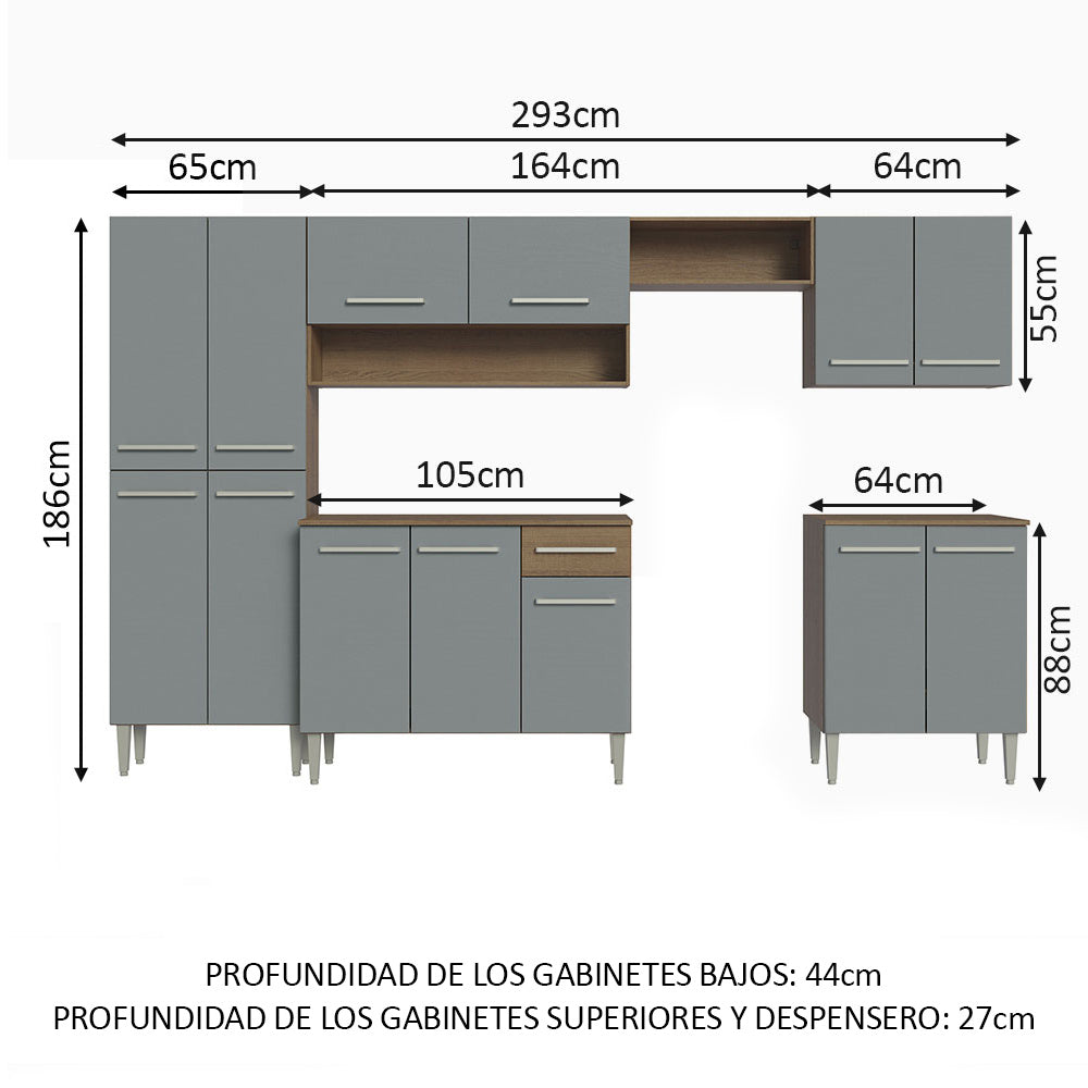 Combo completo de Cocina 293cm Marrón/Gris Emilly Madesa 02