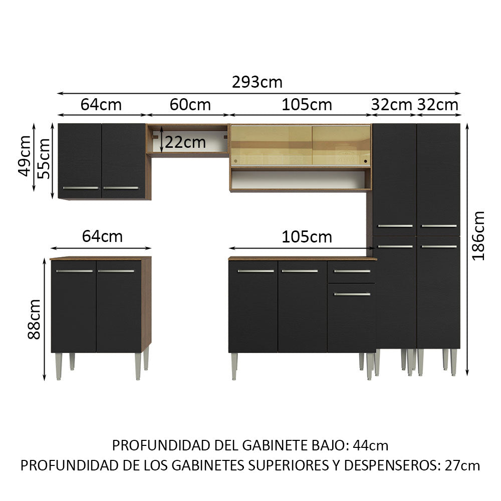 Combo completo de Cocina 293cm Marrón/Negro Emilly Madesa 03