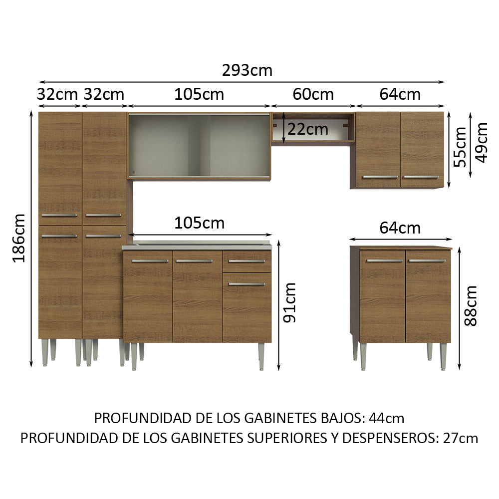 Combo completo de Cocina Madesa Emilly 2.93 m con Bacha Marrón 06