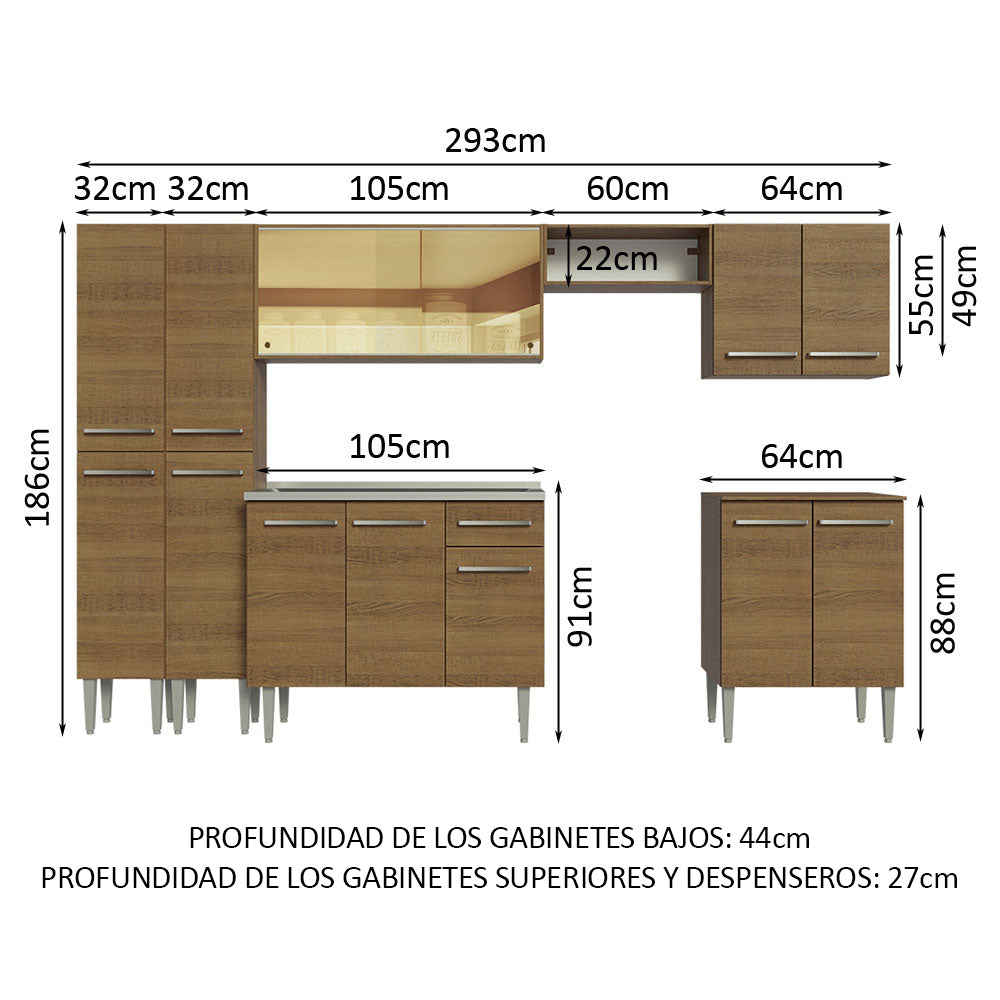 Combo completo de Cocina Madesa Emilly 2.93 m con Bacha Marrón 07