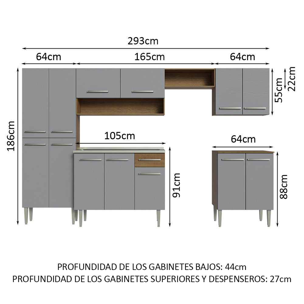 Combo completo de Cocina 293cm con Bacha de acero inoxidable Marrón/Gris Emilly Madesa 08
