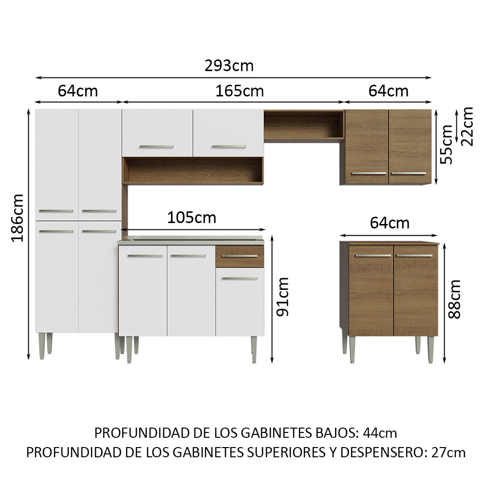 Combo completo de Cocina 293 cm con Bacha de acero, Marrón/Blanco, Emilly 08
