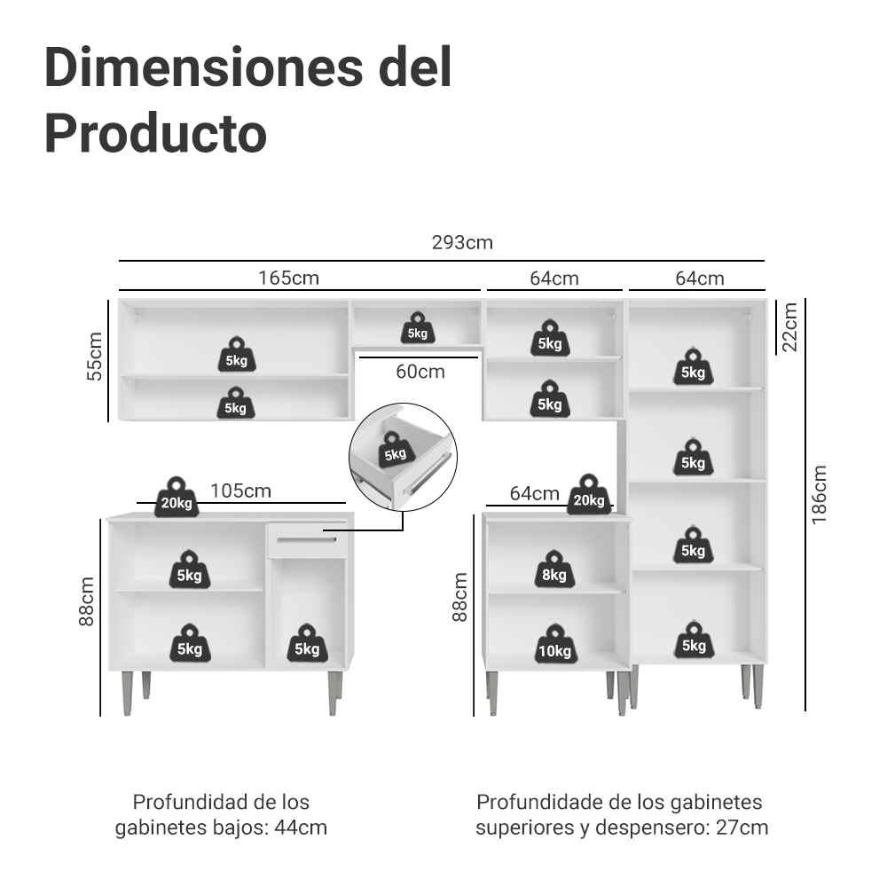 Combo completo de Cocina 293cm Blanco Emilly Madesa 09