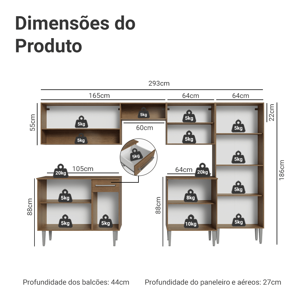 Combo completo de Cocina 293cm Marrón/Blanco Emilly Madesa 09