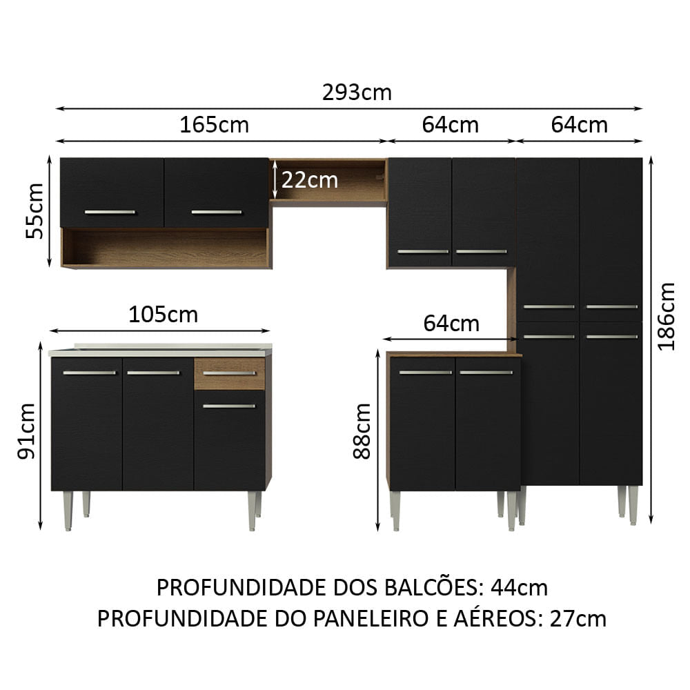 Combo completo de Cocina 293 cm 13 Puertas 1 Cajón con Bacha de Acero Inoxidable Marrón/Negro Emilly Madesa 09
