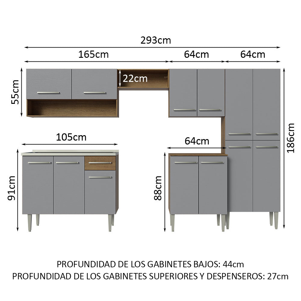 Combo completo de Cocina 293 cm 13 Puertas 1 Cajón con Bacha de Acero Inoxidable Marrón/Gris Emilly Madesa