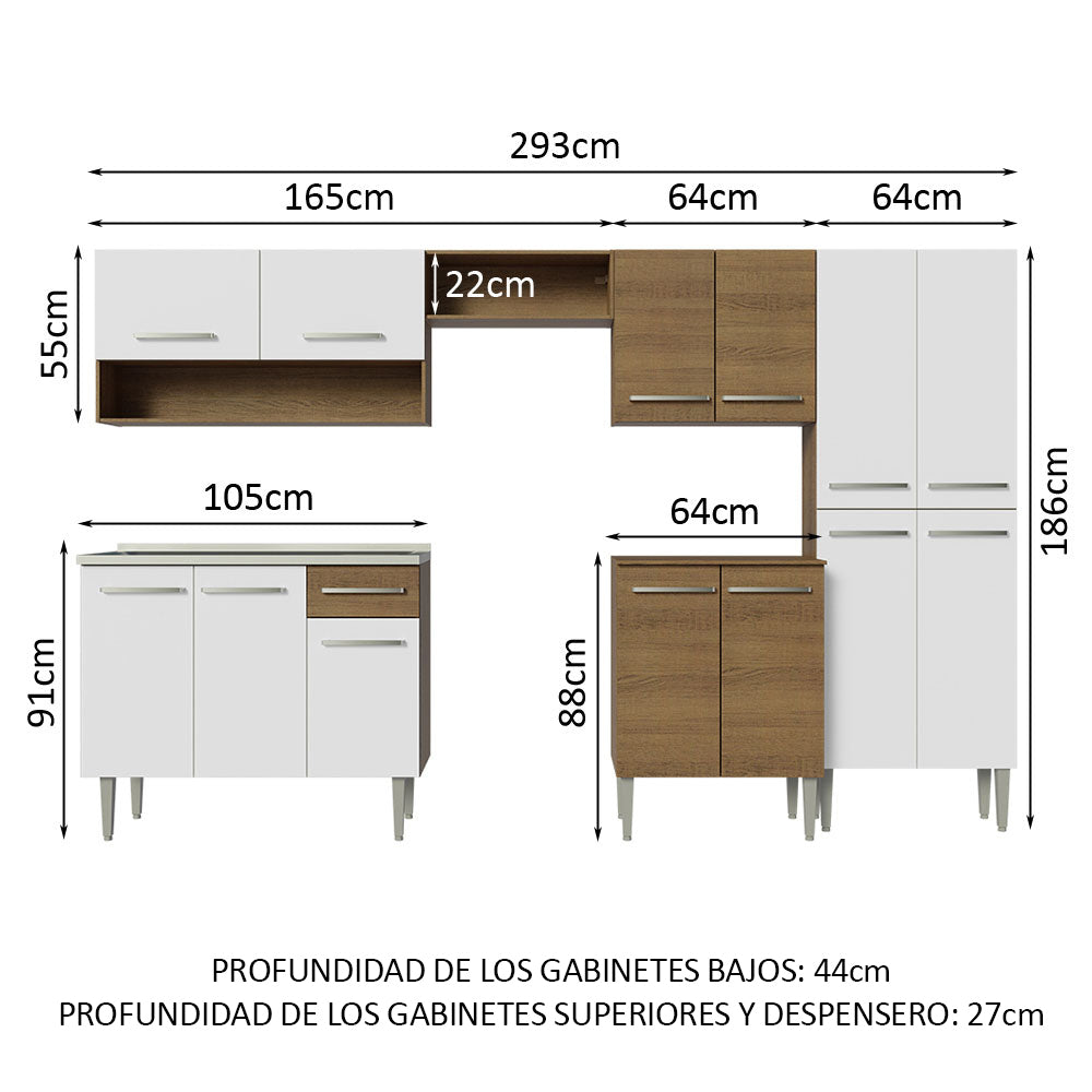 Combo completo de Cocina 293 cm con Bacha de acero, Marrón/Blanco, Emilly 09