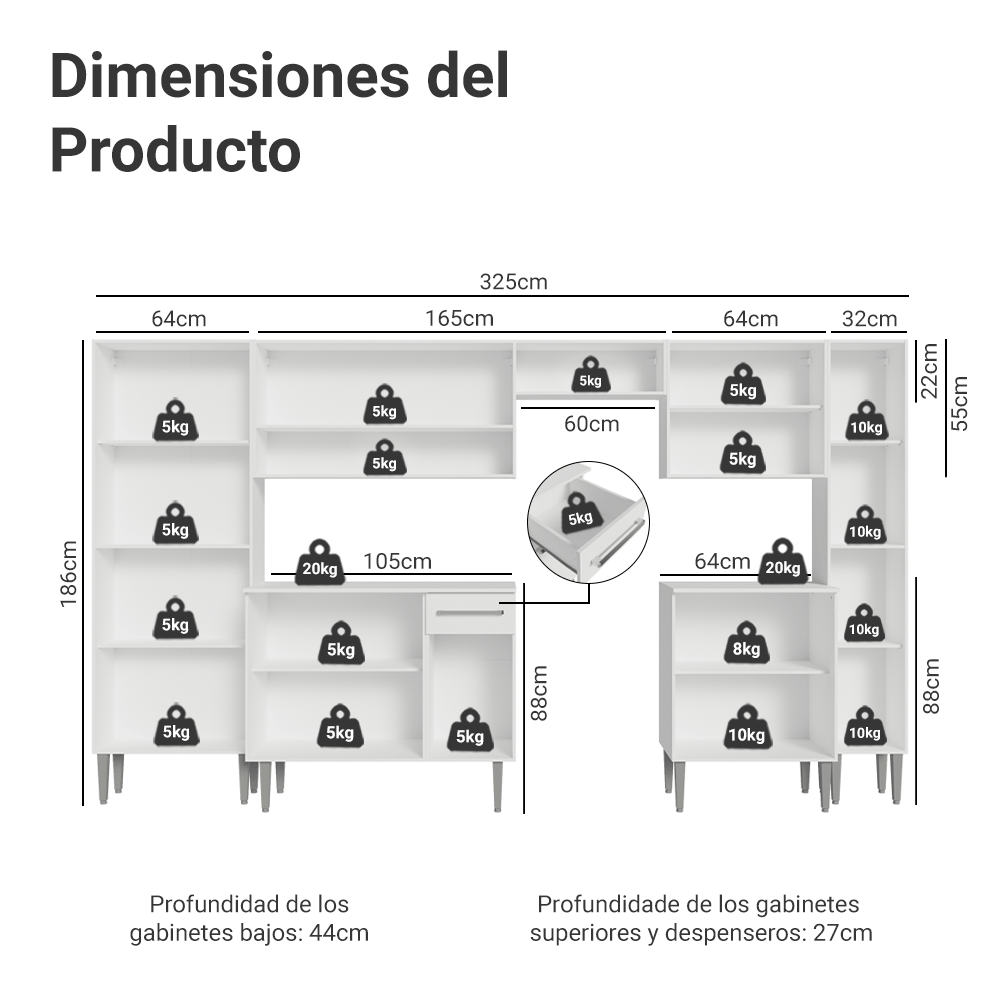 Combo completo de Cocina 325 cm 15 Puertas 1 Cajón Blanco Emilly Madesa