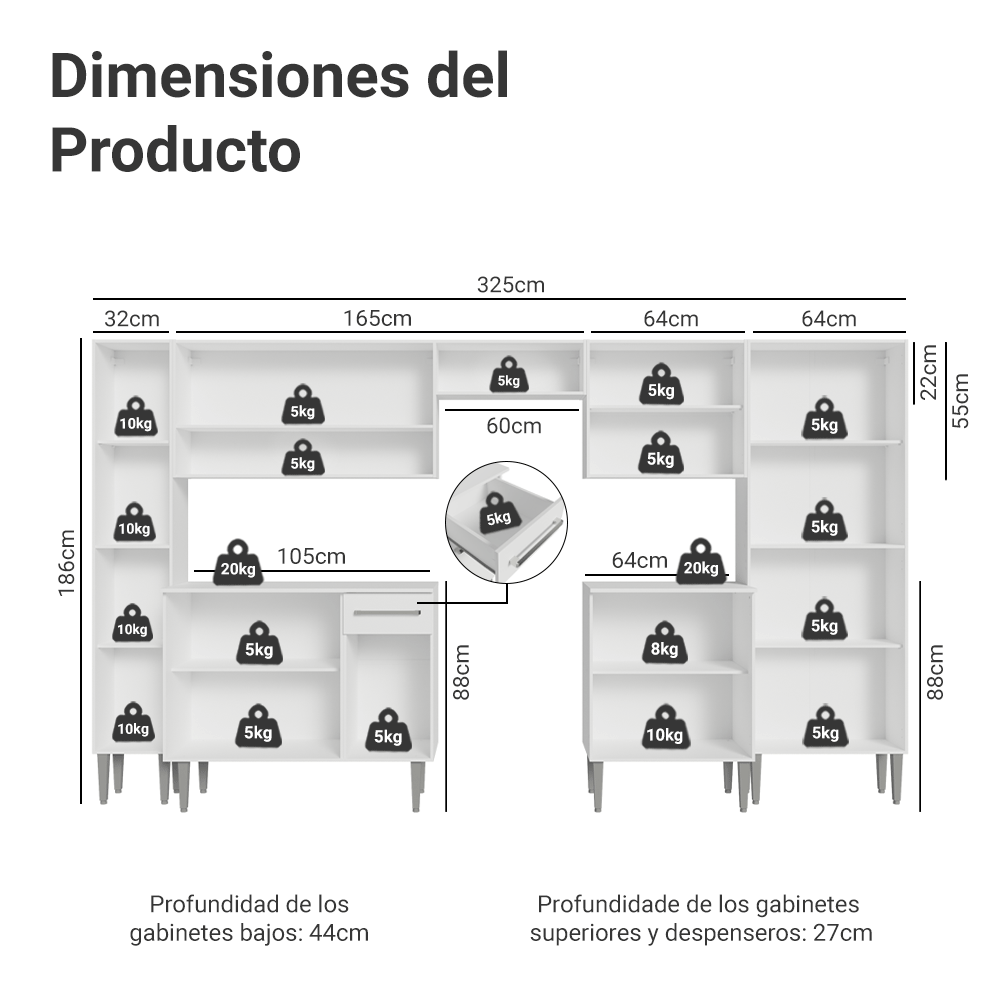 Combo completo de Cocina 325cm Blanco Emilly Madesa 02