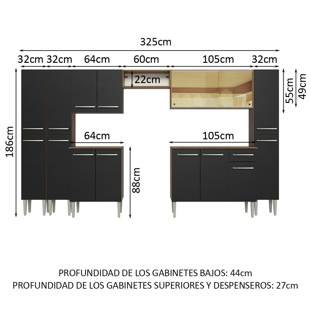 Combo completo de Cocina 325cm Marrón/Negro Emilly Madesa 04