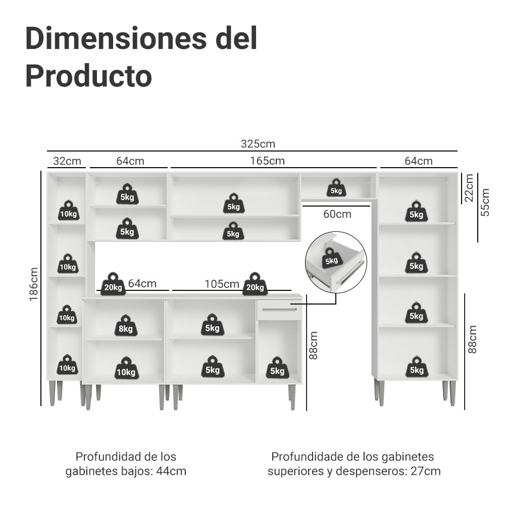 Combo completo de Cocina 325cm Blanco Emilly Madesa 06