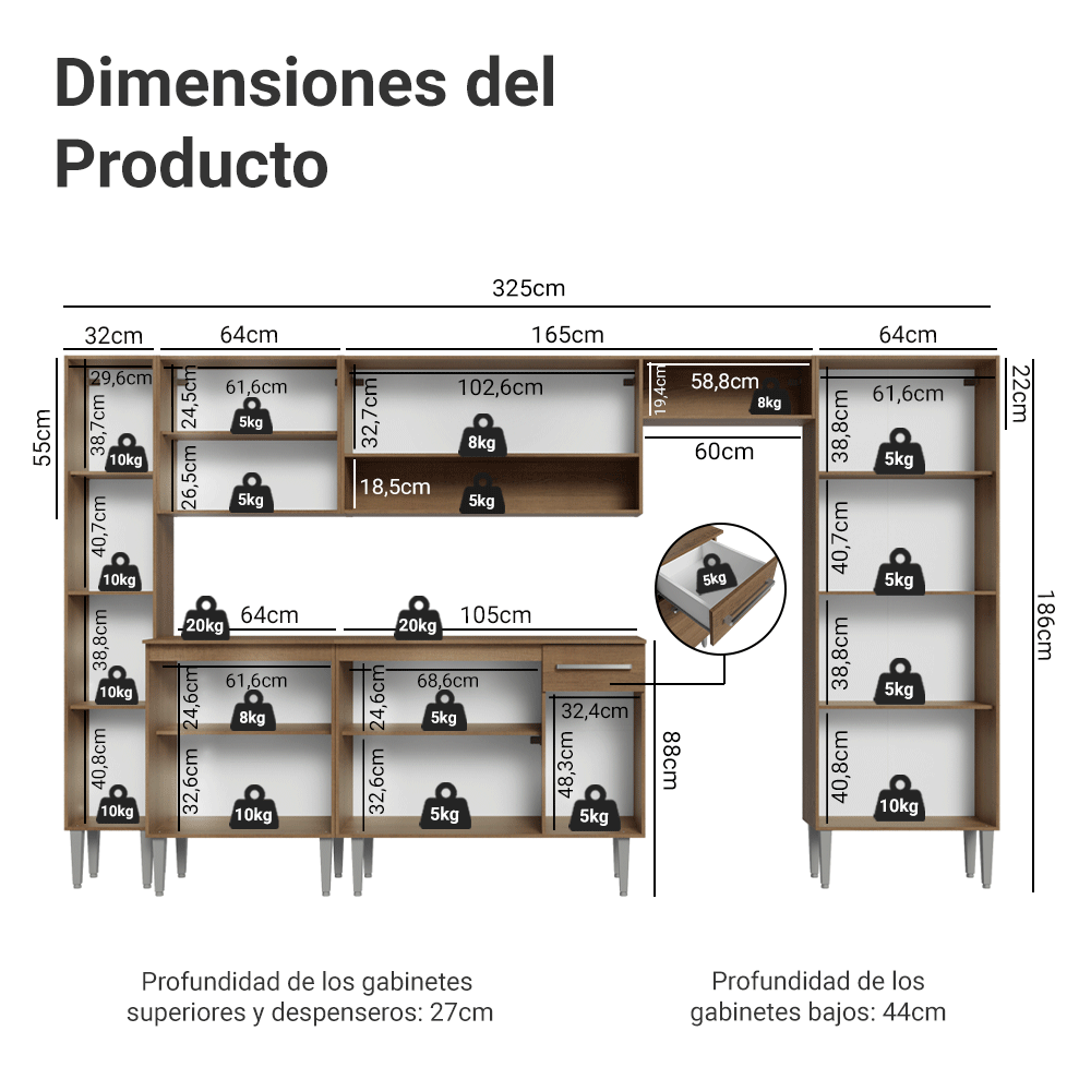Cocina Compacta 325 cm Emilly Marrón/Gris 07
