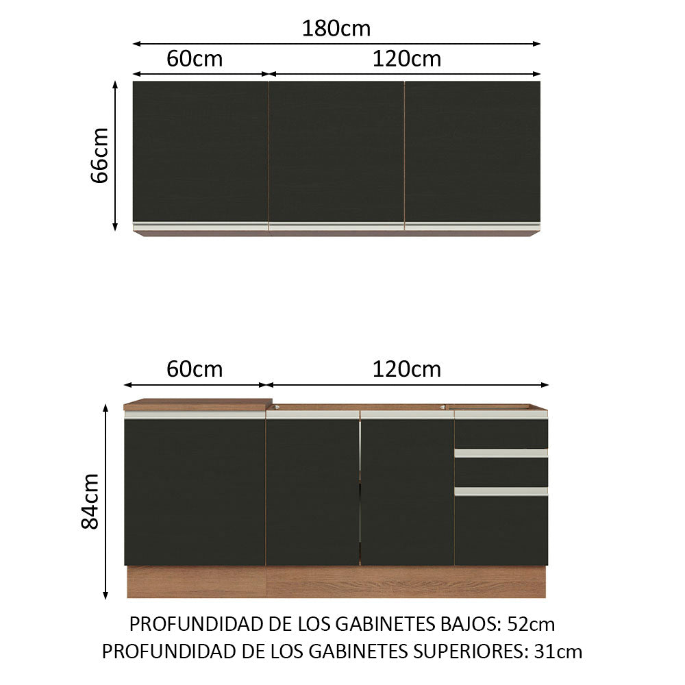 Cocina Compacta 180 cm 6 Puertas 3 Cajones Sin Mesada Marrón/Negro Glamy Madesa 05