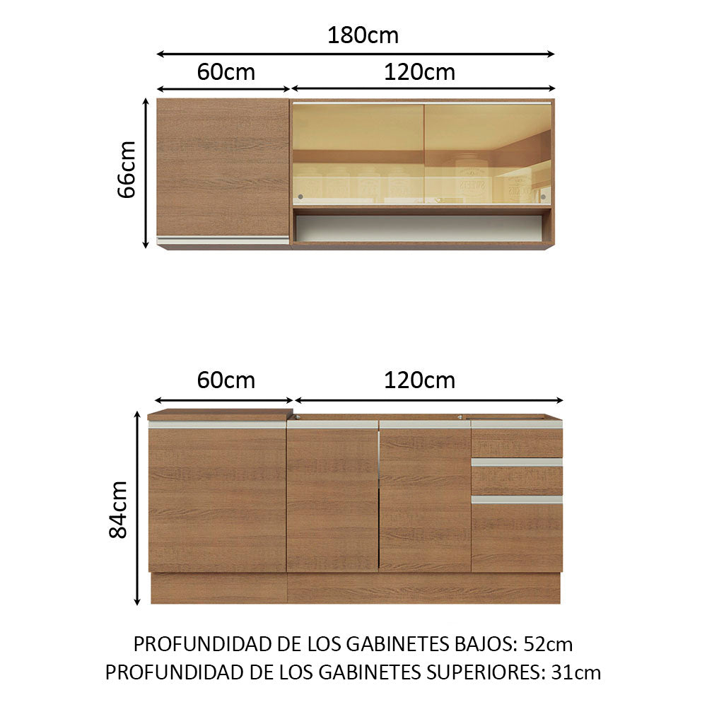 Cocina Compacta 180 cm 6 Puertas 3 Cajones Sin Mesada Marrón Glamy Madesa 06