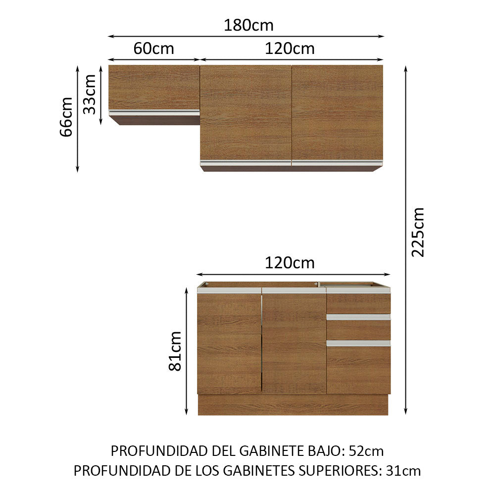 Cocina Compacta 180 cm 5 Puertas 3 Cajones Sin Mesada Marrón Glamy Madesa