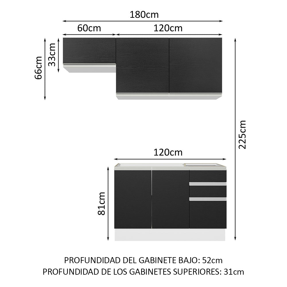 Combo de Cocina Compacta 180cm Blanco/Negro Glamy Madesa 09