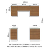 Combo de Cocina 180cm Glamy Madesa - Blanco/Marrón