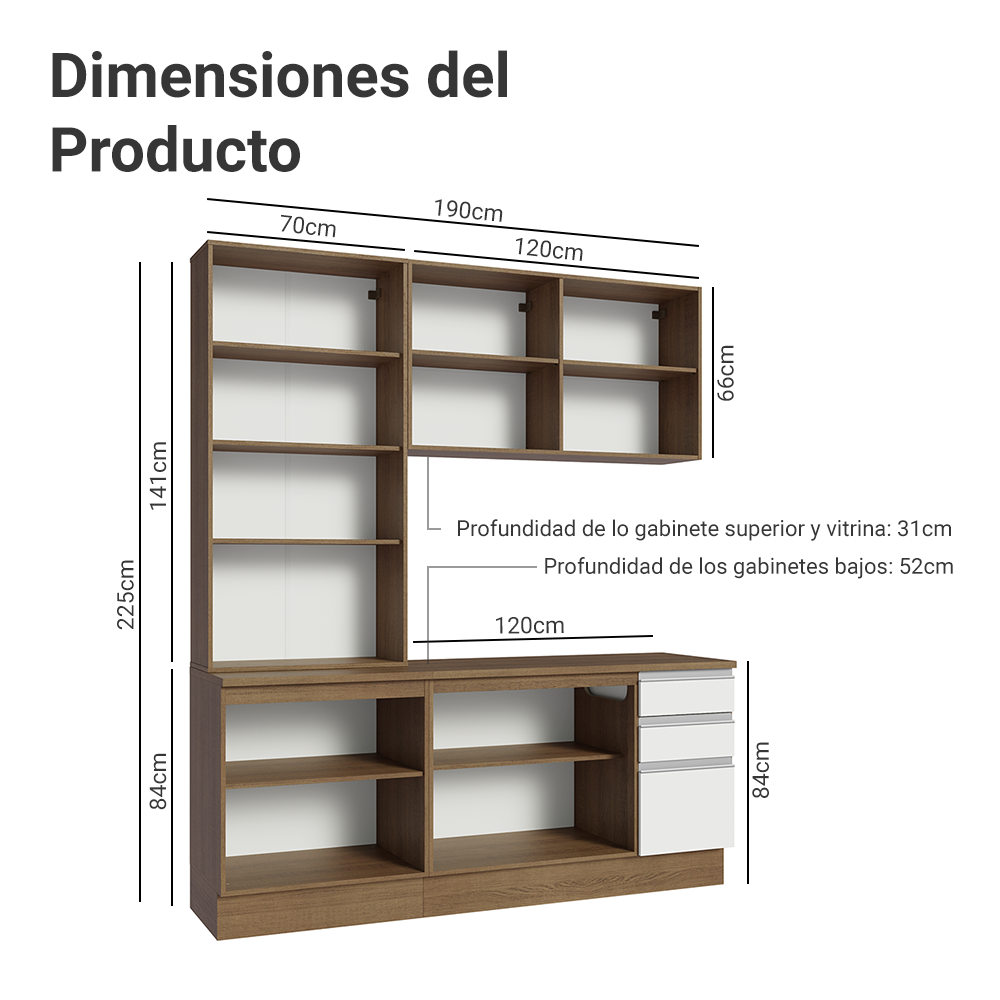 Cocina Compacta 190 cm 8 Puertas 3 Cajones Marrón/Blanco Glamy Madesa