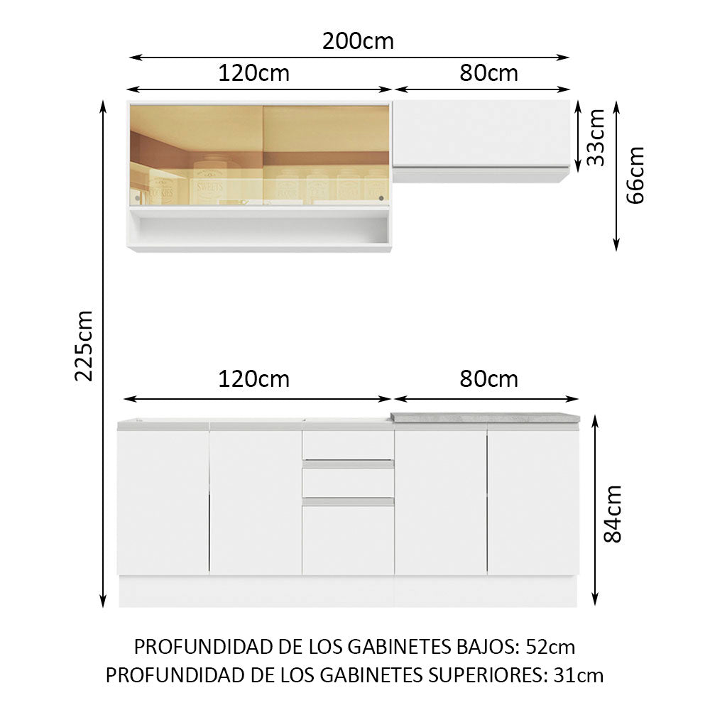 Combo de Cocina Madesa Glamy Sin Bacha de acero inoxidable 200 Cm Blanco