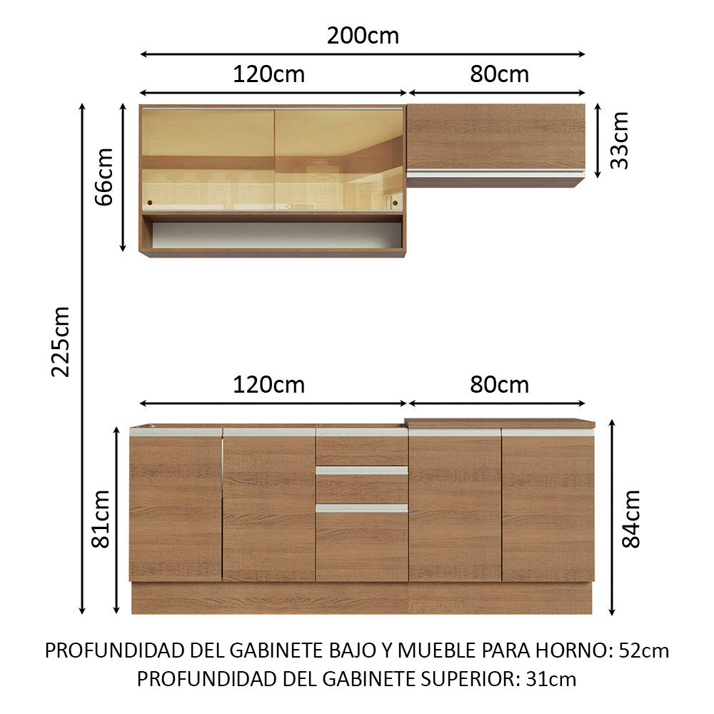 Cocina Compacta 200 cm 7 Puertas 3 Cajones Sin Mesada Marrón Glamy Madesa